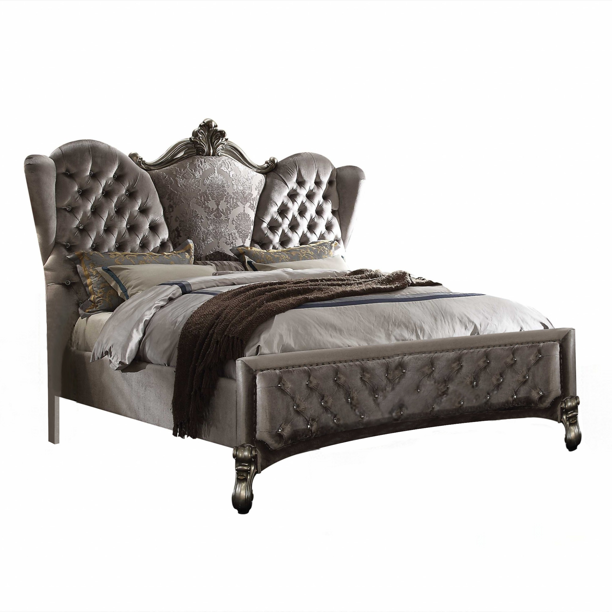 Queen Tufted Gray And Gray and Black Upholstered Velvet Bed With Nailhead Trim-348196-1