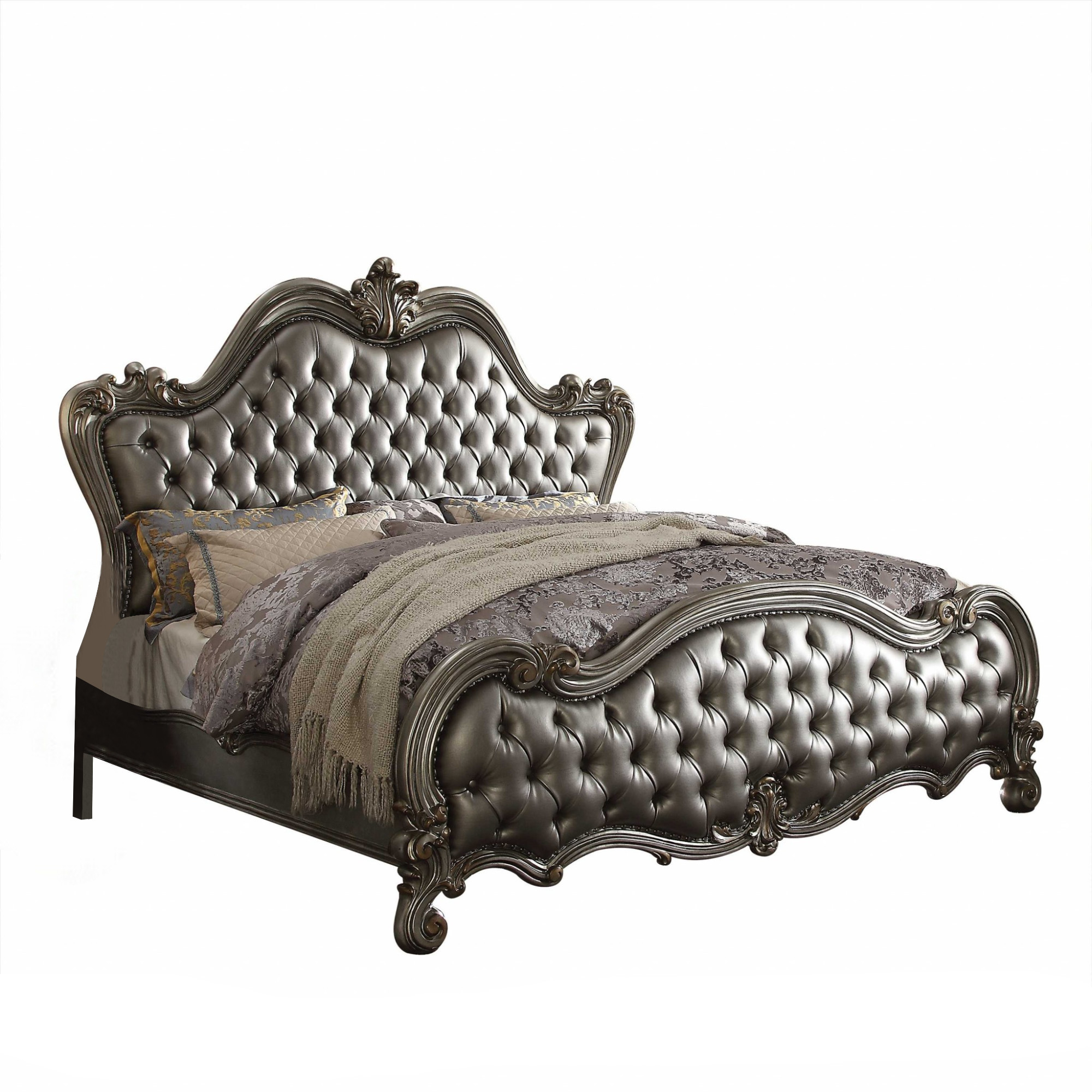 King Tufted Silver Upholstered Faux Leather Bed With Nailhead Trim-348198-1