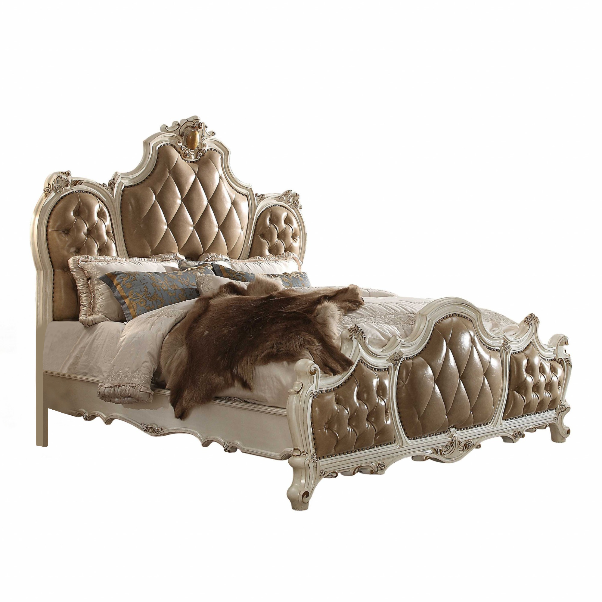 King Tufted Beige Upholstered Faux Leather Bed With Nailhead Trim-348206-1