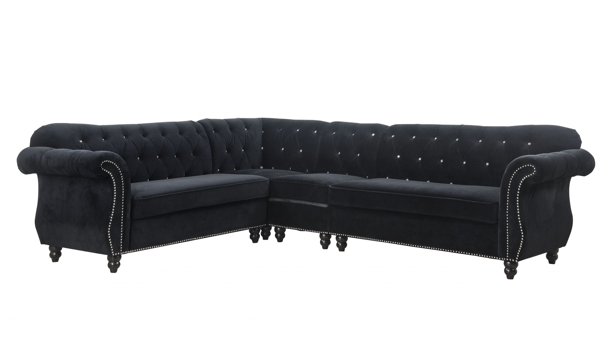101" X 124" X 37" Black Velvet Upholstery Wood Leg Sectional Sofa