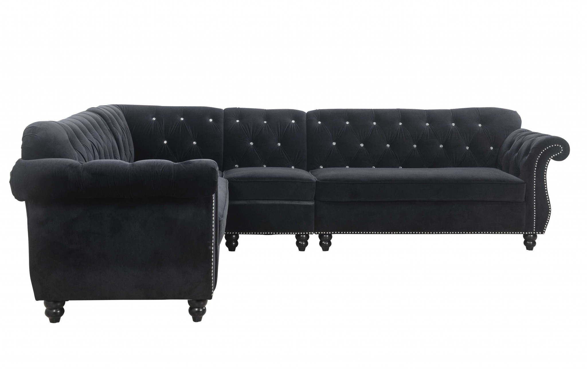 101" X 124" X 37" Black Velvet Upholstery Wood Leg Sectional Sofa