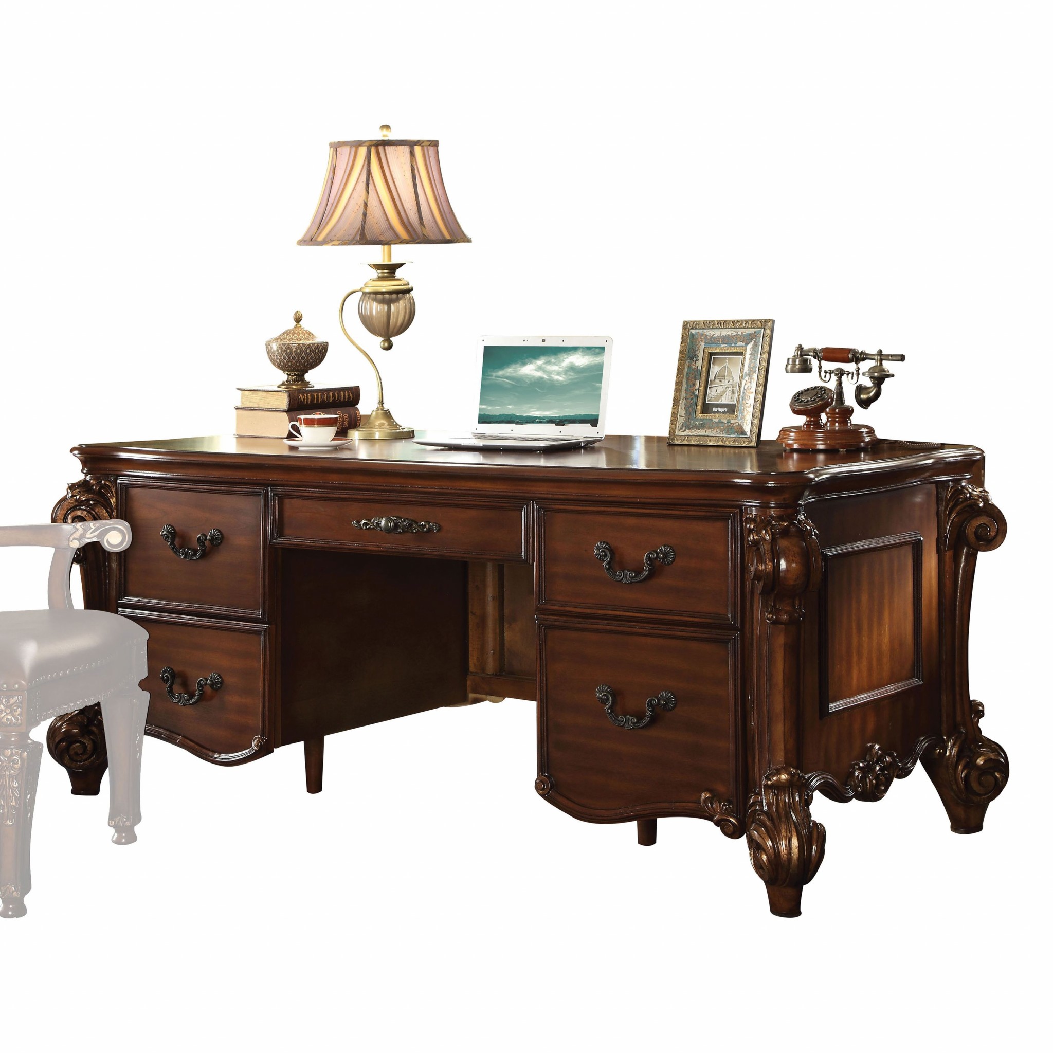 37" X 74" X 31" Cherry Wood Poly Resin Executive Desk