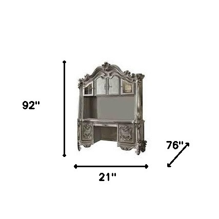21" X 76" X 92" Antique Platinum Wood Poly Resin Glass Computer Desk & Hutch