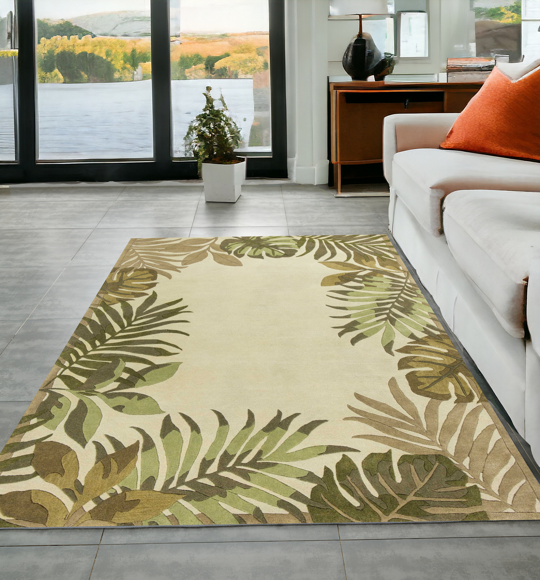 5'X8' Ivory Hand Tufted Bordered Tropical Leaves Indoor Area Rug-349821-1