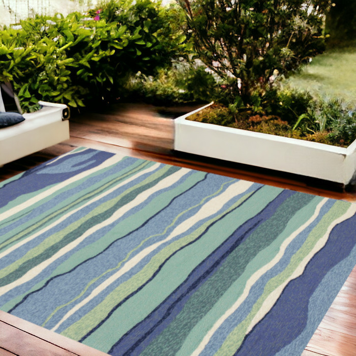 8'X10' Ocean Blue Hand Woven Uv Treated Ocean Waves Indoor Outdoor Area Rug-349920-1