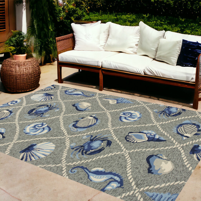 8'X10' Grey Hand Hooked Uv Treated Coastal Sea Life Indoor Outdoor Area Rug-349922-1