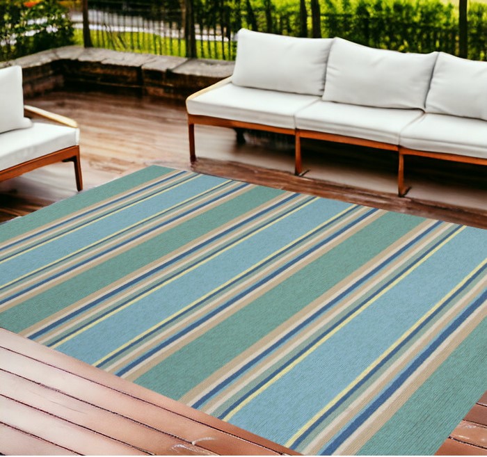 8'X10' Ocean Blue Hand Hooked Uv Treated Awning Stripes Indoor Outdoor Area Rug-349926-1
