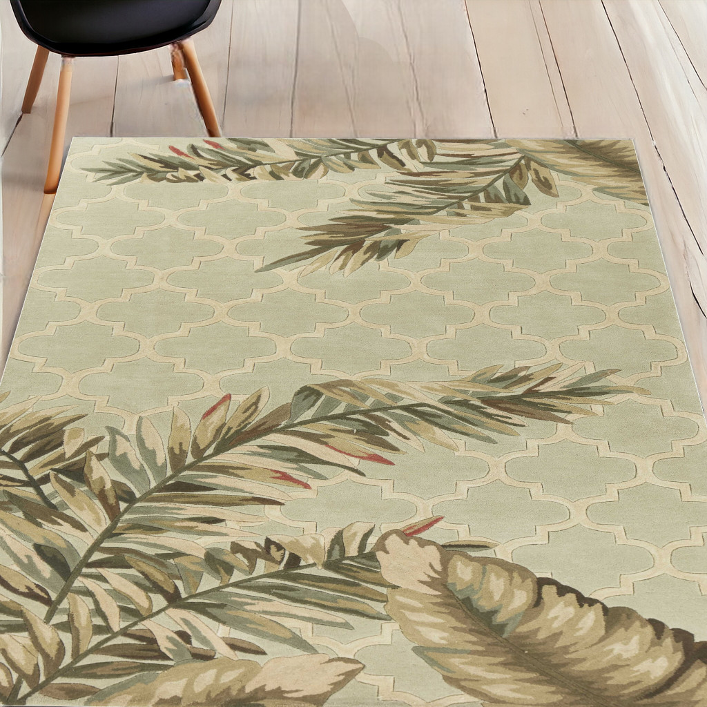 5'X8' Sage Green Hand Tufted Tropical Quatrefoil Indoor Area Rug-350046-1