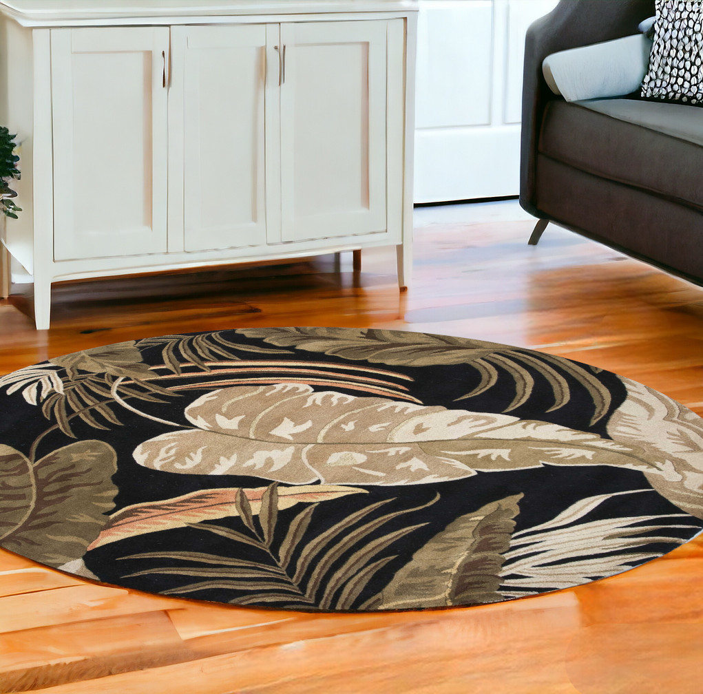 8' Midnight Black Hand Tufted Tropical Leaves Round Indoor Area Rug-350151-1