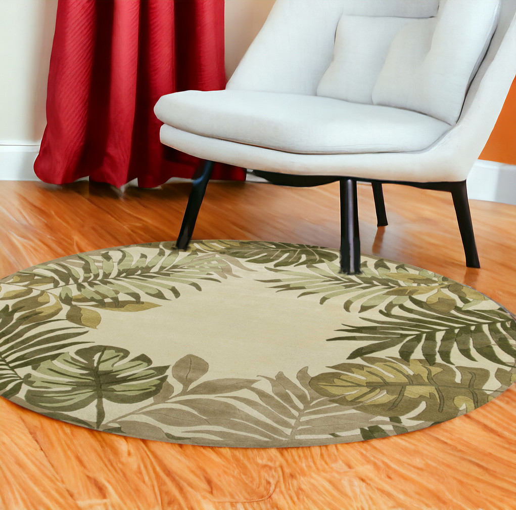 8' Ivory Hand Tufted Bordered Tropical Leaves Round Indoor Area Rug-350158-1