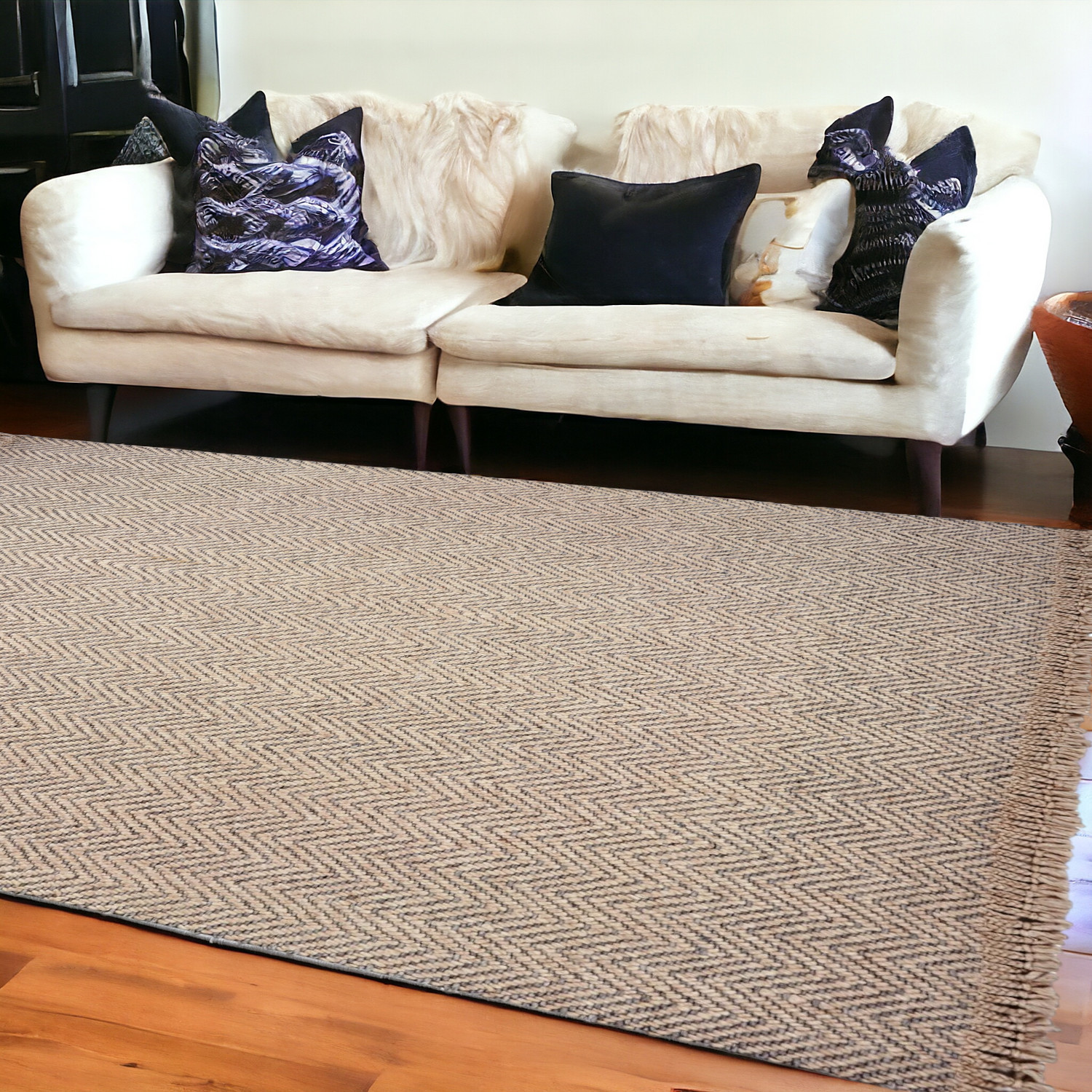 9'X12' Oatmeal Beige Hand Woven Herringbone With Braided Fringe Indoor Area Rug-350266-1