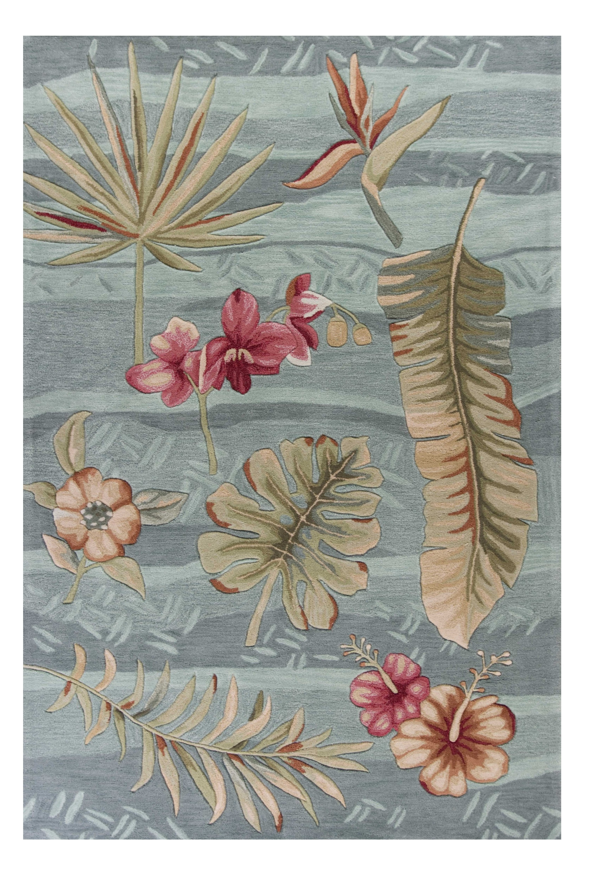 8' X 11' Gray Green And Red Tropical Botanical Hand Tufted Area Rug-350302-1