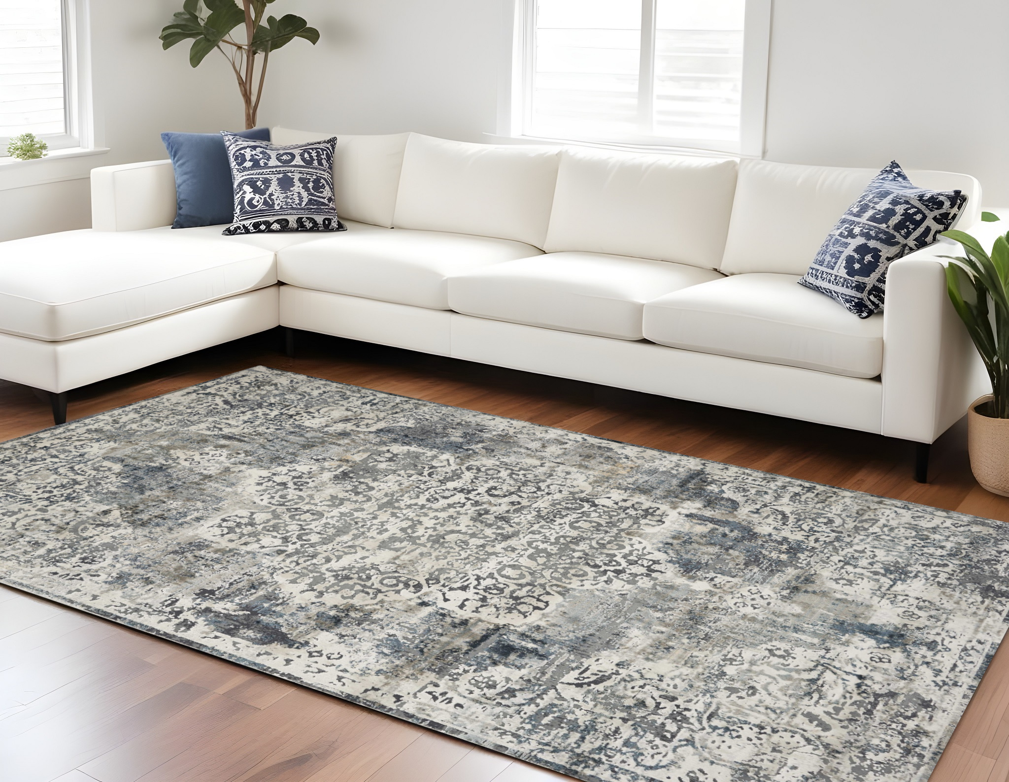 9' X 13' Ivory Machine Woven Distressed Diamond Floral Medallion Indoor Area Rug-350332-1