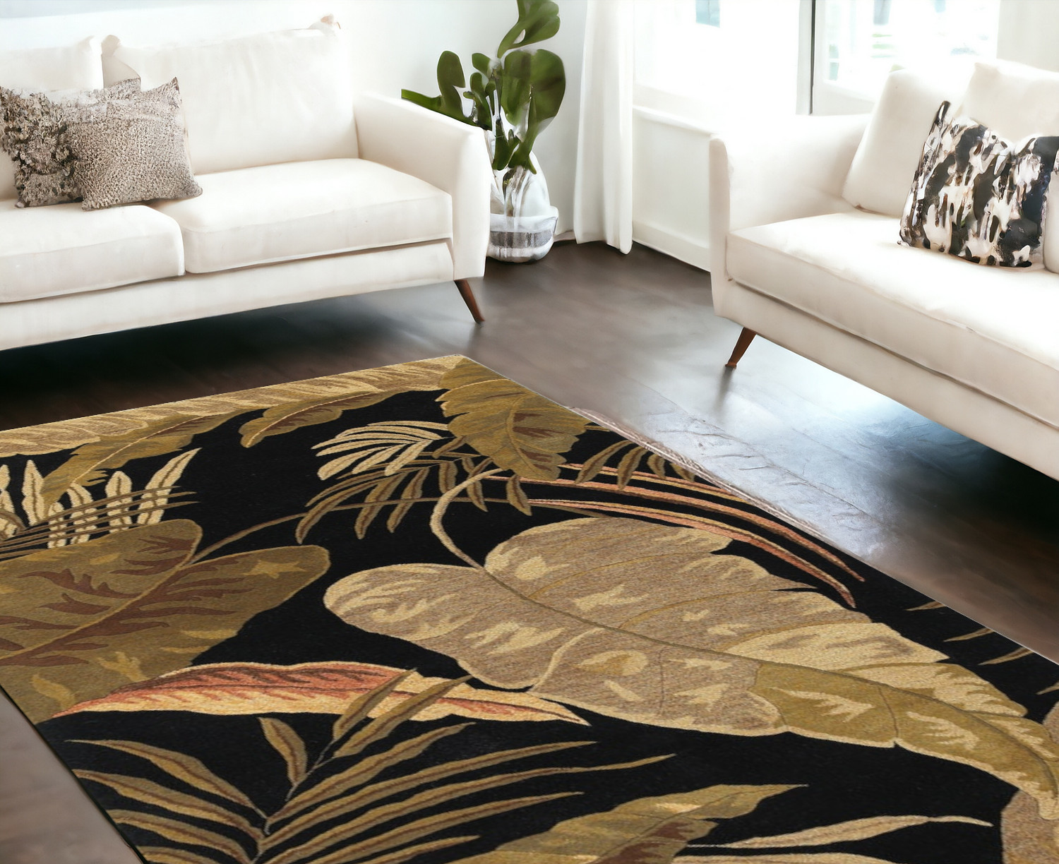 8'X11' Midnight Black Hand Tufted Tropical Leaves Indoor Area Rug-350336-1