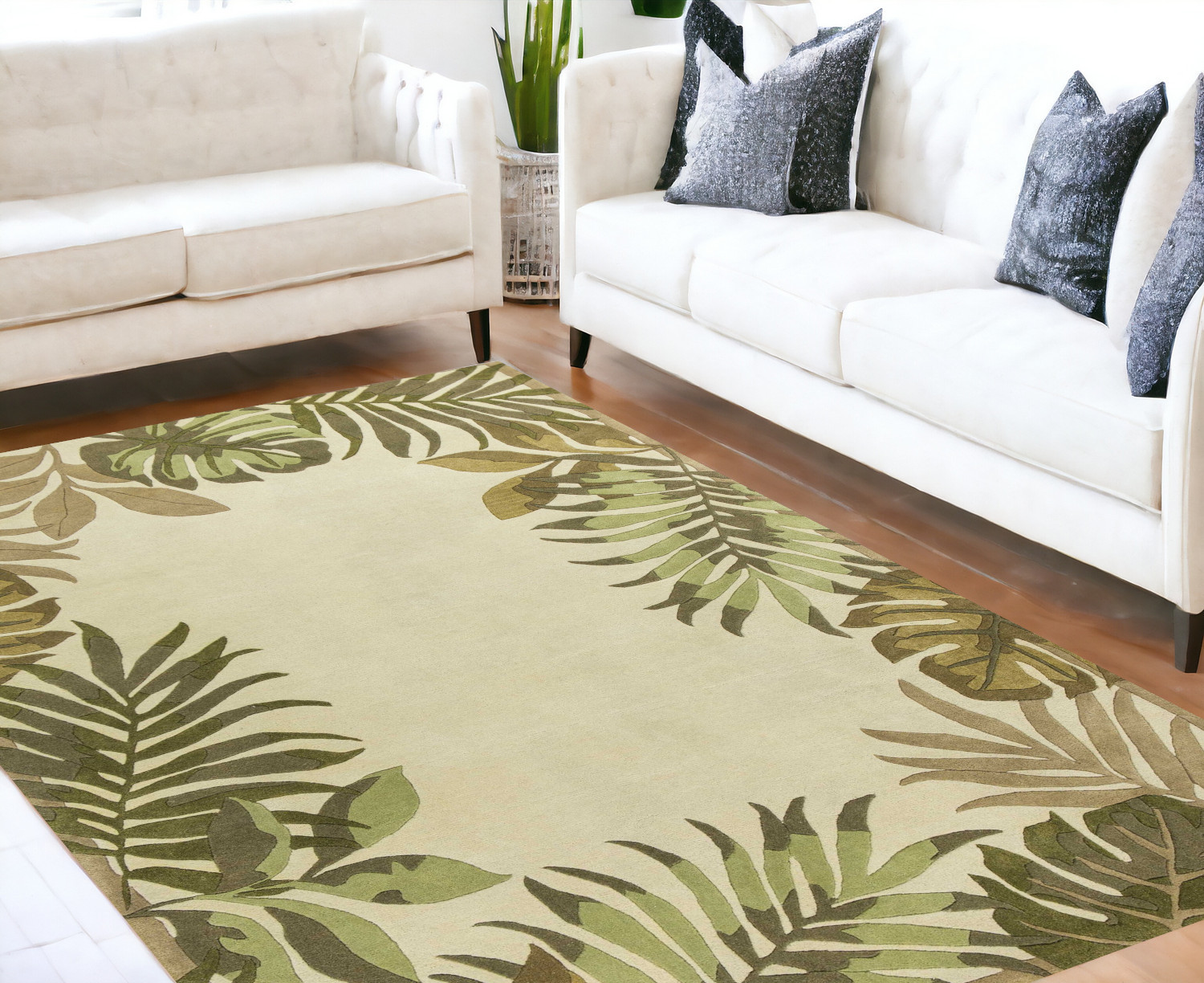 8'X11' Ivory Hand Tufted Bordered Tropical Leaves Indoor Area Rug-350343-1