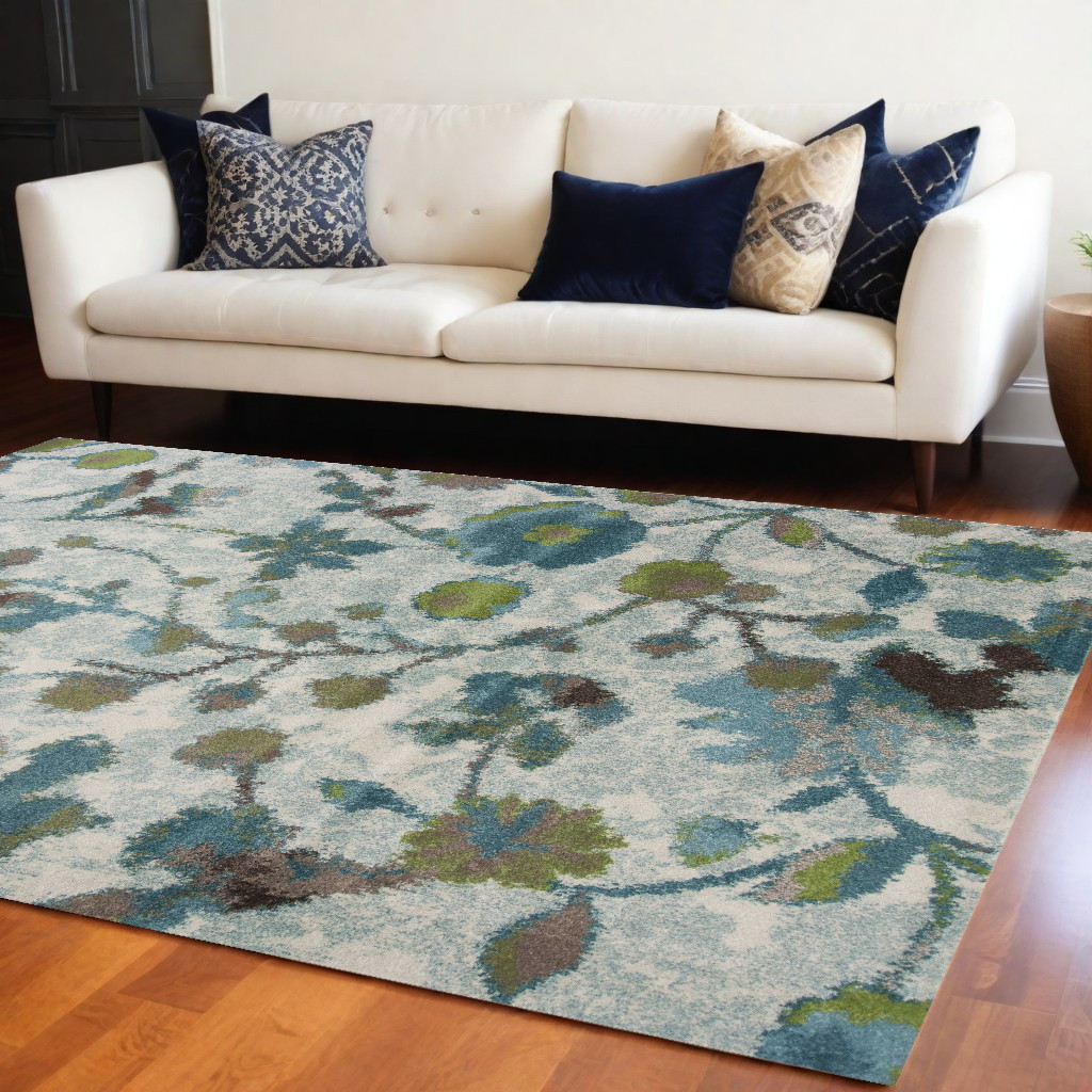 10' X 13' Teal Blue White And Green Floral Area Rug-350531-1