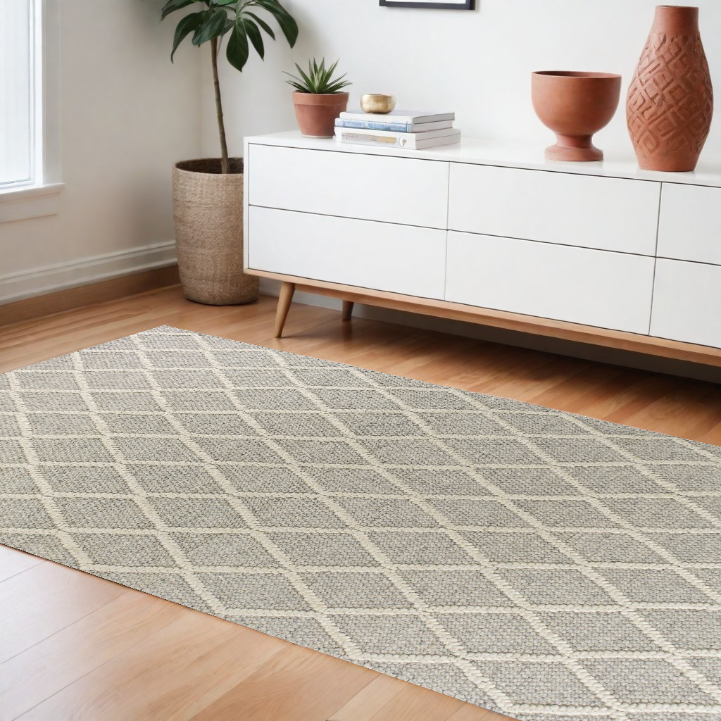 9'X13' Grey Hand Woven Diamond Pattern Indoor Area Rug-350618-1