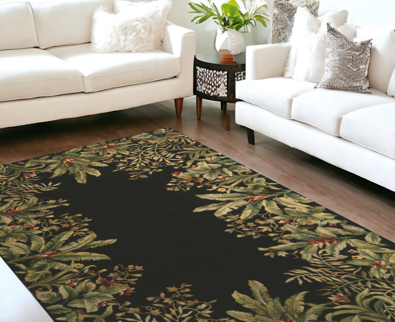 9' X 13' Green and Black Wool Tropical Floral Hand Tufted Area Rug-350621-1