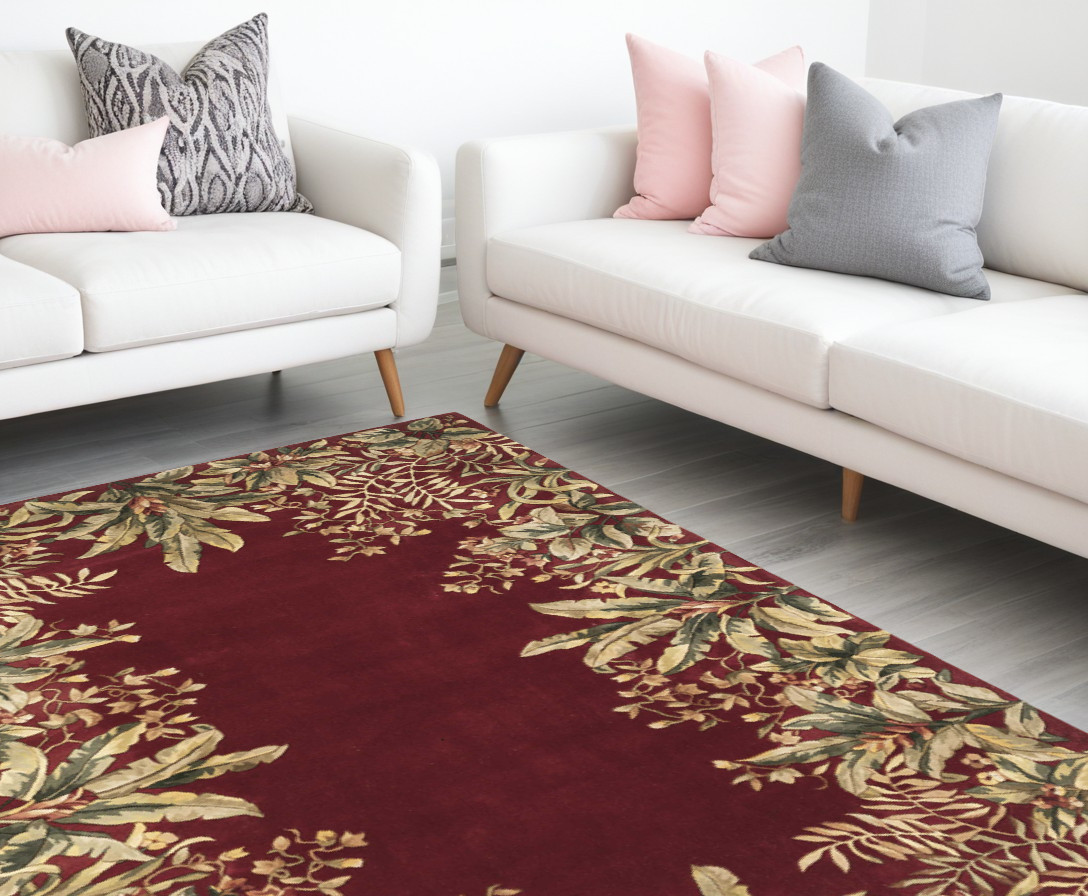 9' X 13' Ruby Red Wool Floral Hand Tufted Area Rug-350623-1