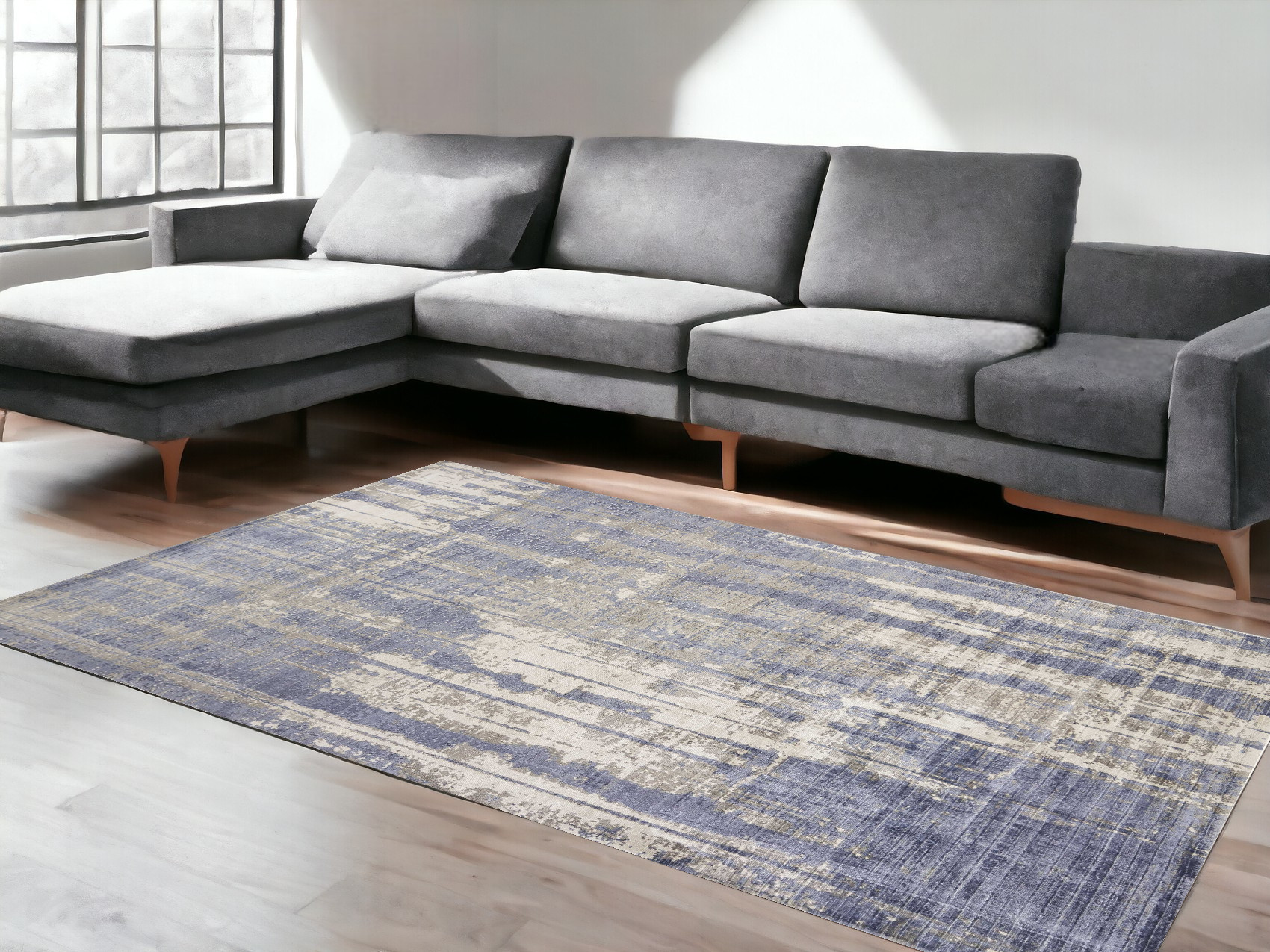 9'X13' Grey Blue Hand Loomed Abstract Brushstroke Indoor Area Rug-350640-1