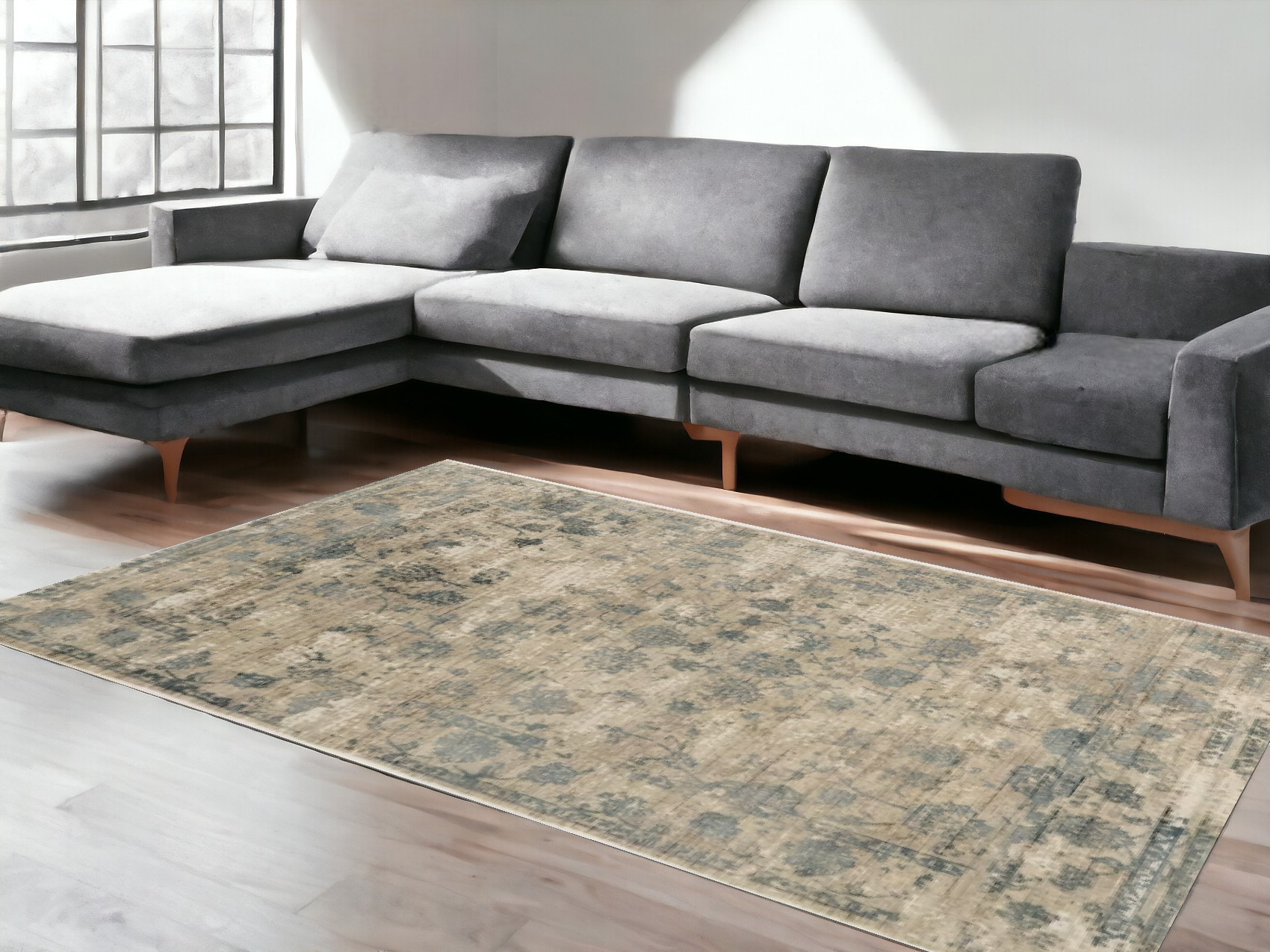 9 X 13 Viscose Sand Or  Blue Area Rug-350643-1