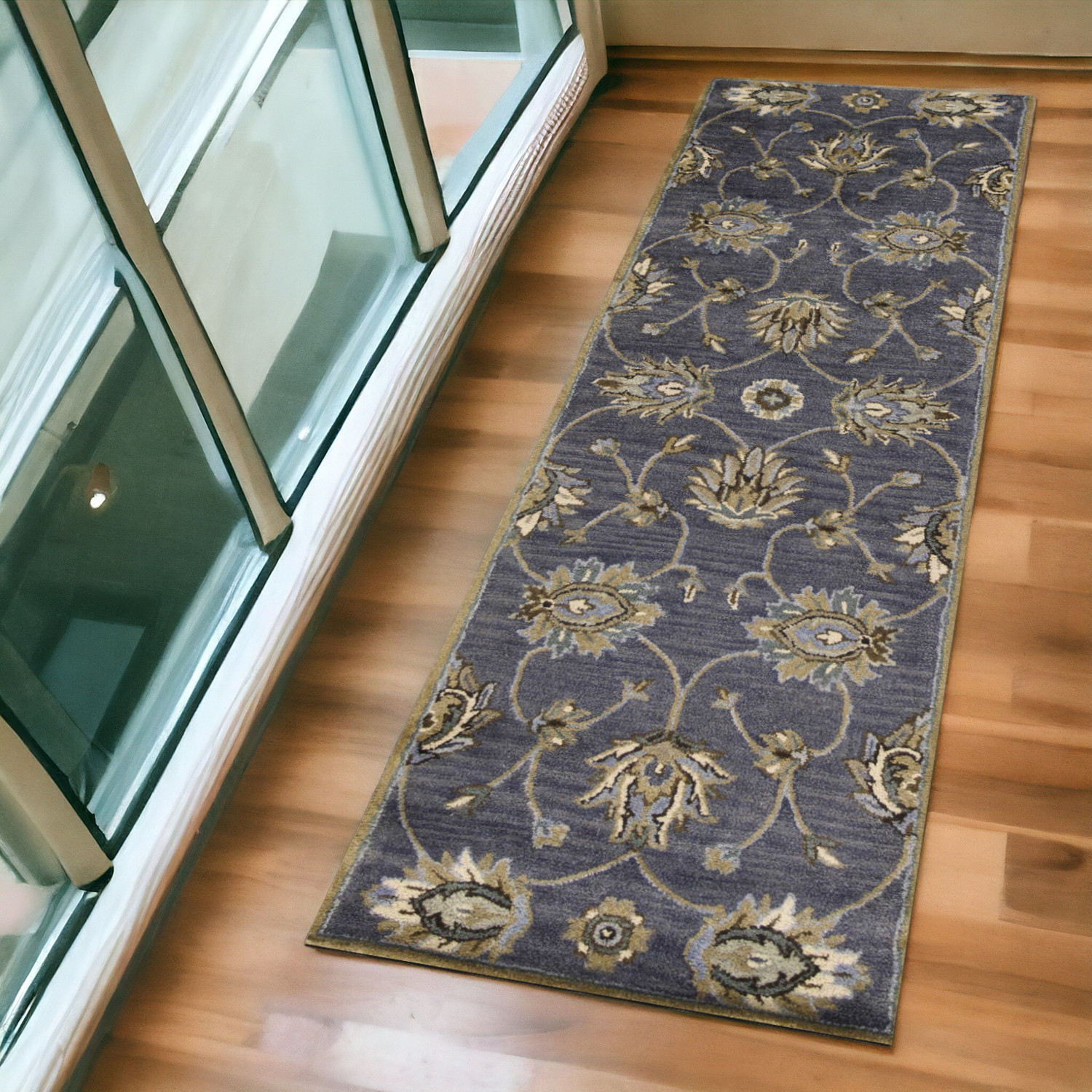 7' Midnight Blue Hand Tufted Wool Traditional Floral Indoor Runner Rug-352324-1