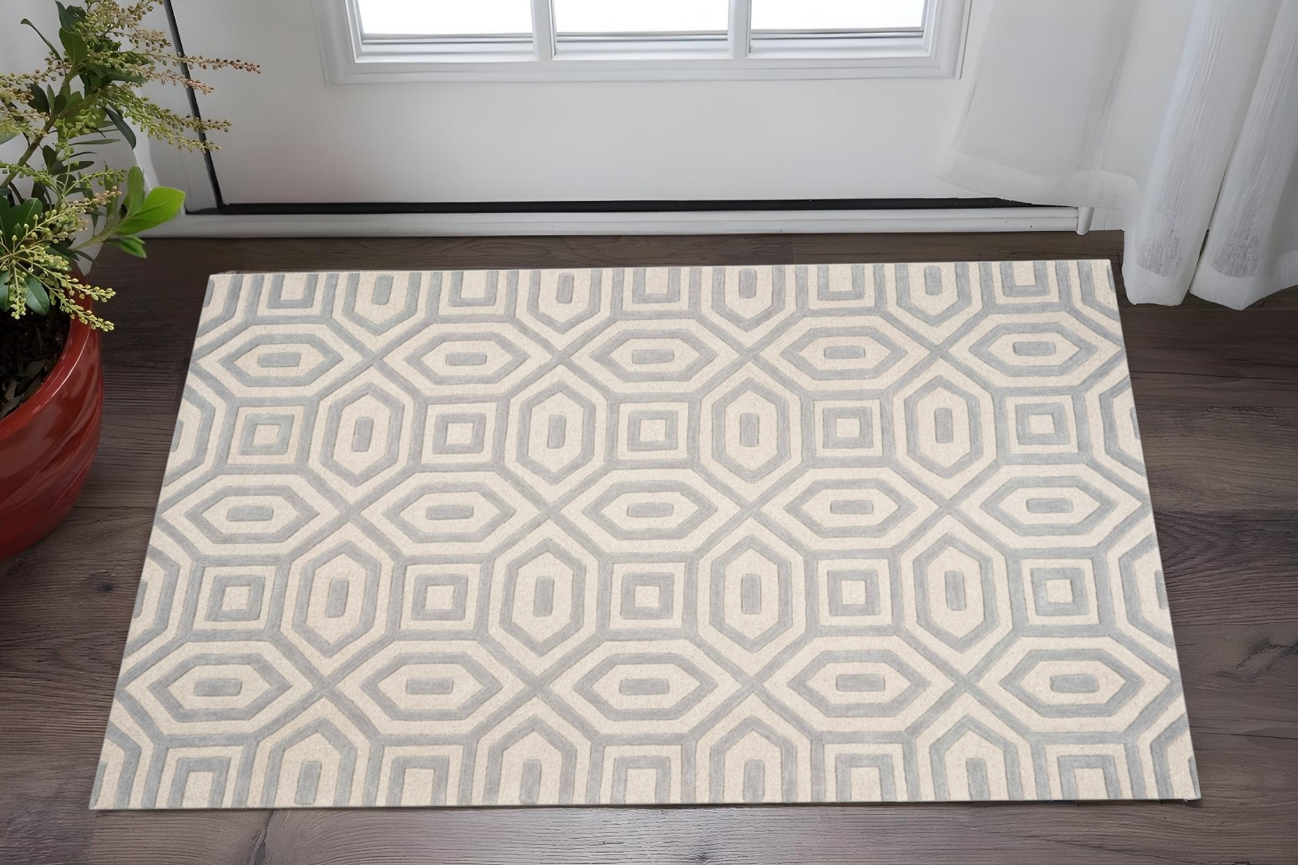 3' X 5' Gray And Tan Wool Geometric Hand Tufted Area Rug-352352-1