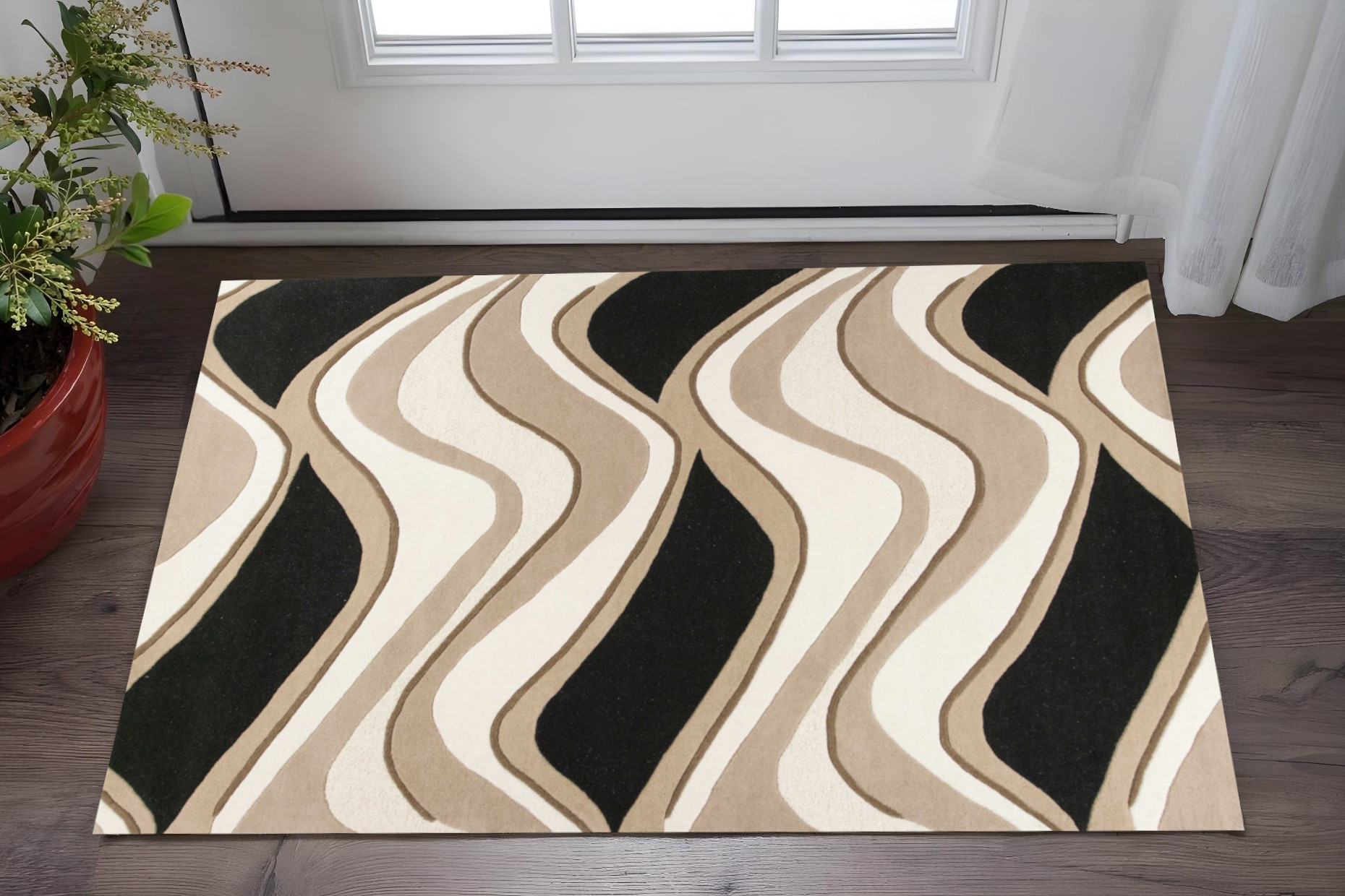 3' X 5' Black Or Beige Abstract Waves Wool Area Rug-352354-1