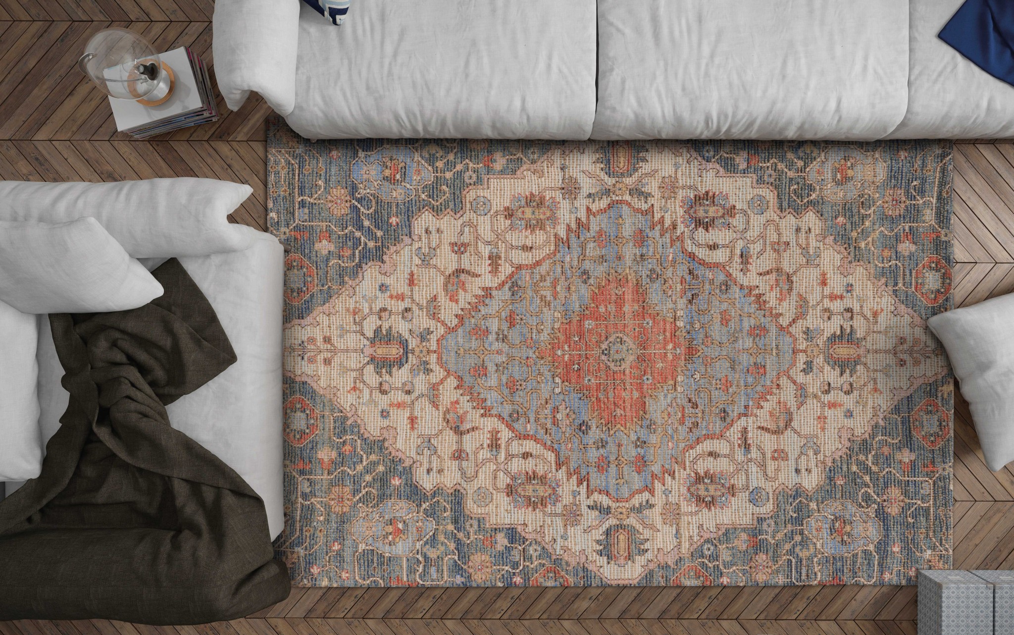 5" X 7" Blue and Beige Medallion Hand Woven Distressed Area Rug