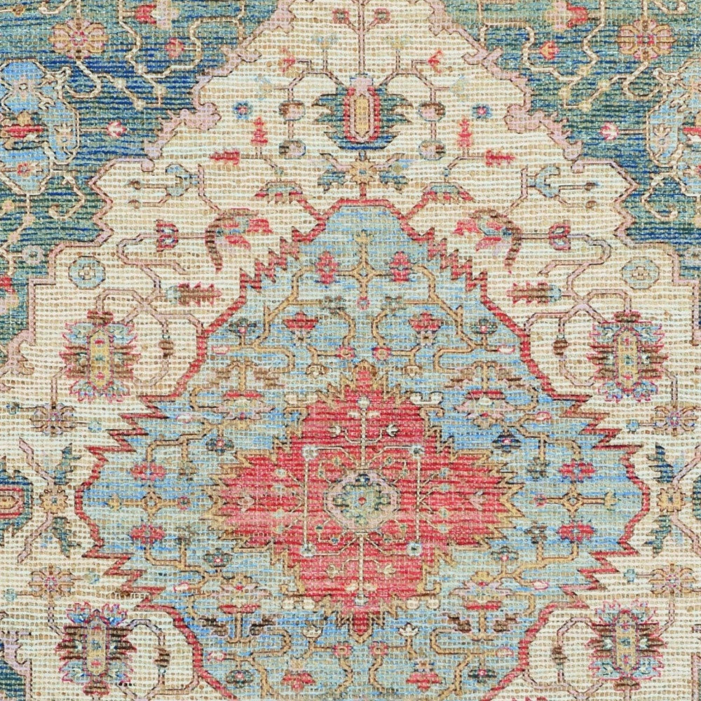 5" X 7" Blue and Beige Medallion Hand Woven Distressed Area Rug