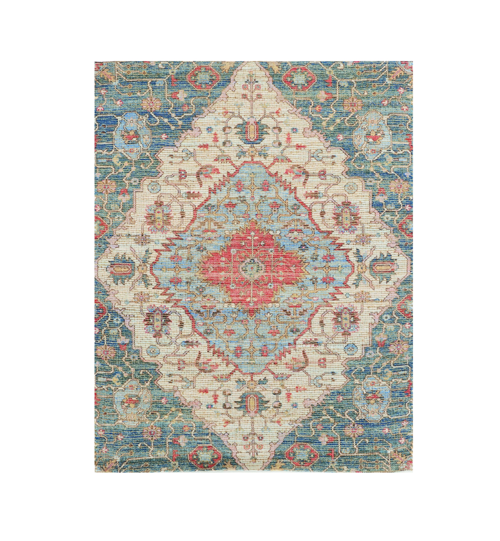 5' X 7' Blue and Beige Medallion Hand Woven Distressed Area Rug-352368-2