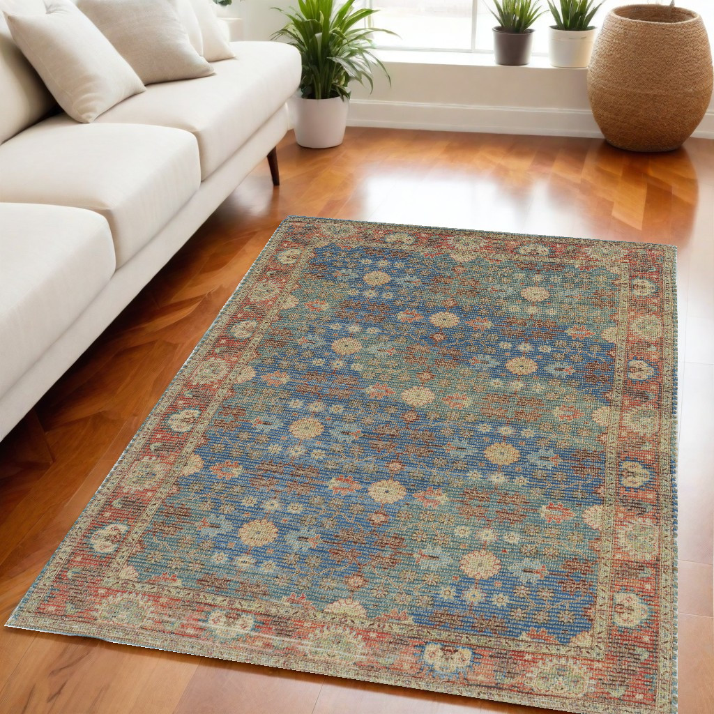 5" X 7" Blue and Red Floral Medallion Hand Woven Area Rug