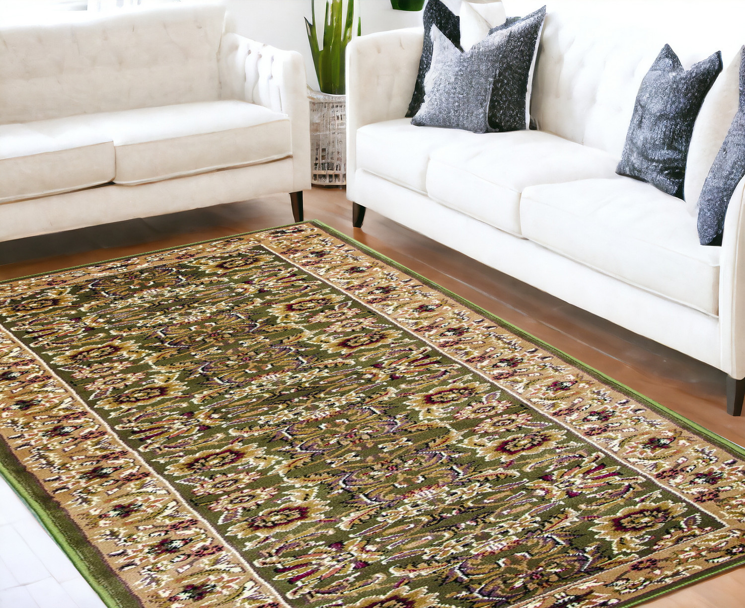 5' X 8' Green Or Taupe Floral Bordered Area Rug-352417-1