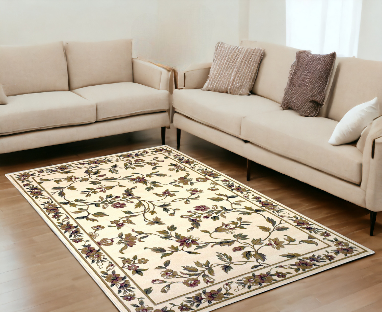 5' X 8' Ivory Floral Vine Bordered Area Rug-352427-1