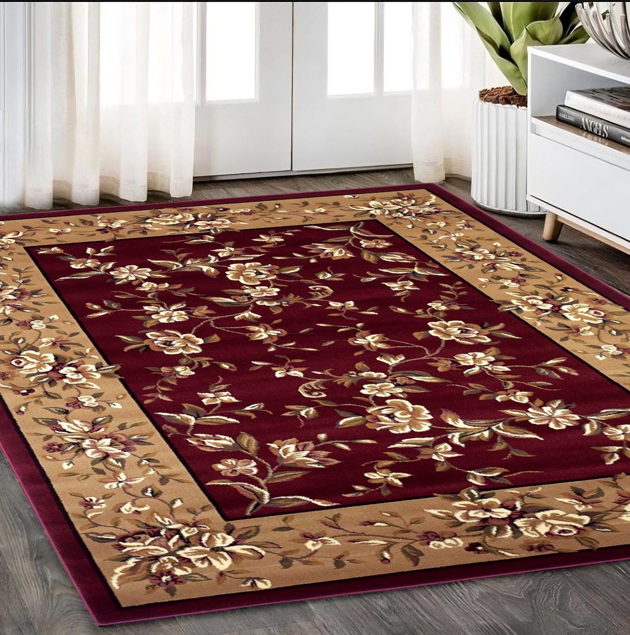 5' X 8' Red Or Beige Floral Bordered Area Rug-352430-1