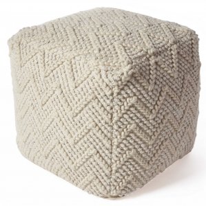 Ivory Hand Woven Wool Square Pouf With Chevron Pattern