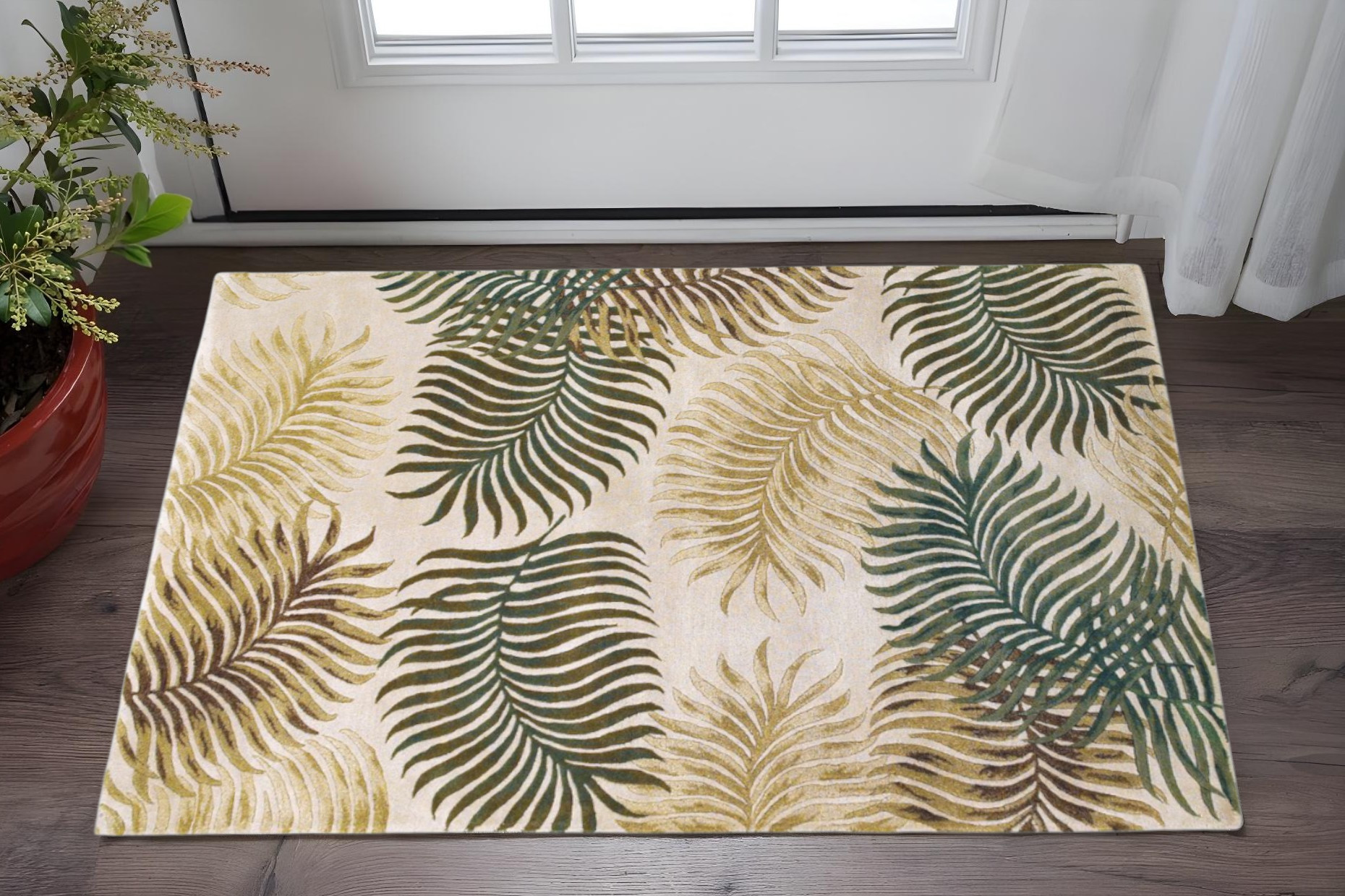3' X 5' Natural And Green Wool Botanical Leaves Hand Tufted Area Rug-352447-1