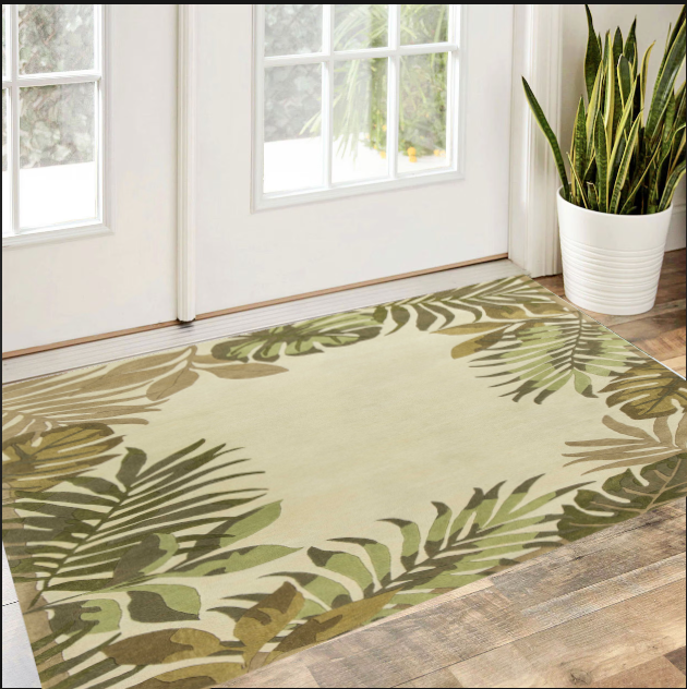 3'X5' Ivory Hand Tufted Bordered Tropical Leaves Indoor Area Rug-352452-1