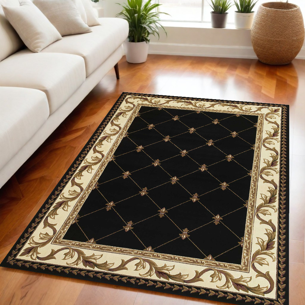 5" X 8" Black and Tan Fleur de Lis Diamond Border Area Rug