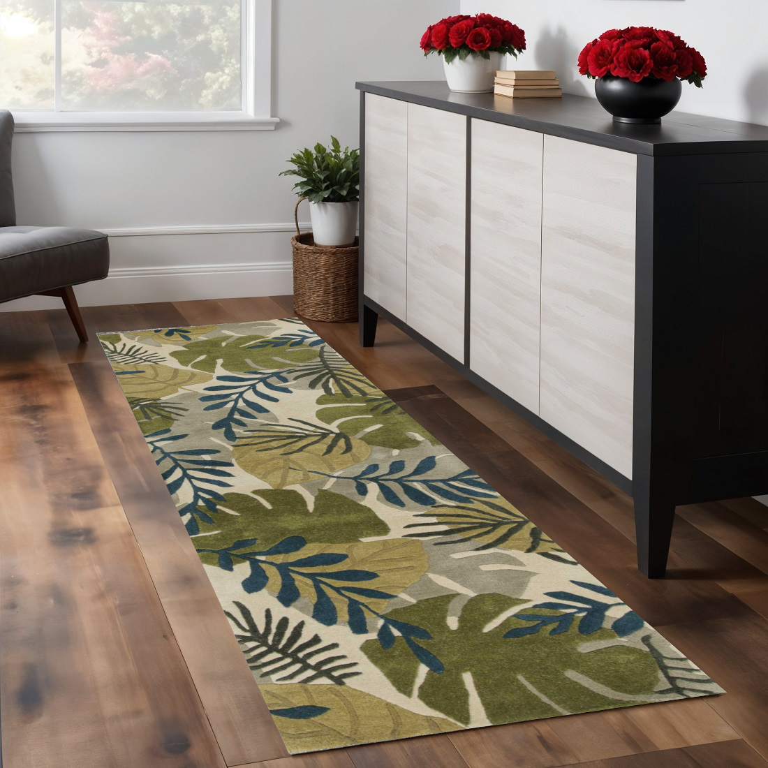 8' Ivory Hand Tufted Oversized Tropical Leaves Indoor Runner Rug-352486-1