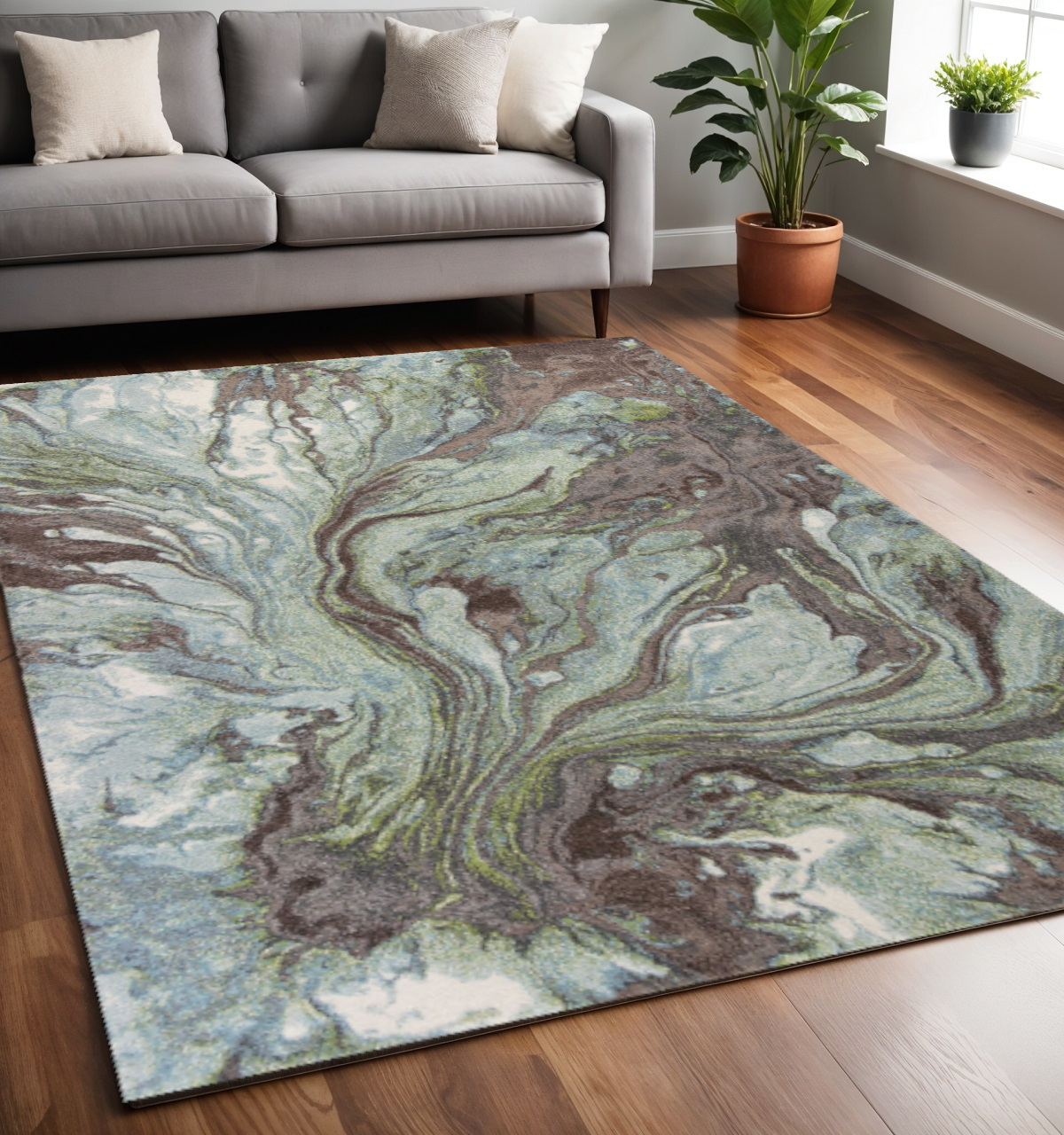 5' X 8' Blue And Brown Abstract Area Rug-352505-1