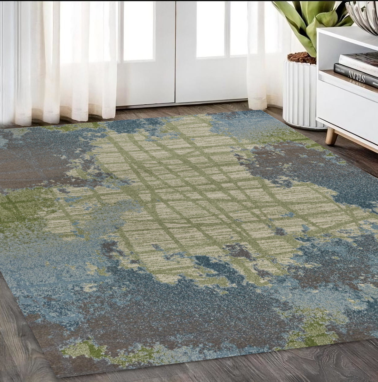 5'X8' Green Blue Machine Woven Abstract Indoor Area Rug-352508-1