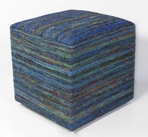 Aqua Blue Hand Woven Wool Square Pouf With Abstract Lines Pattern