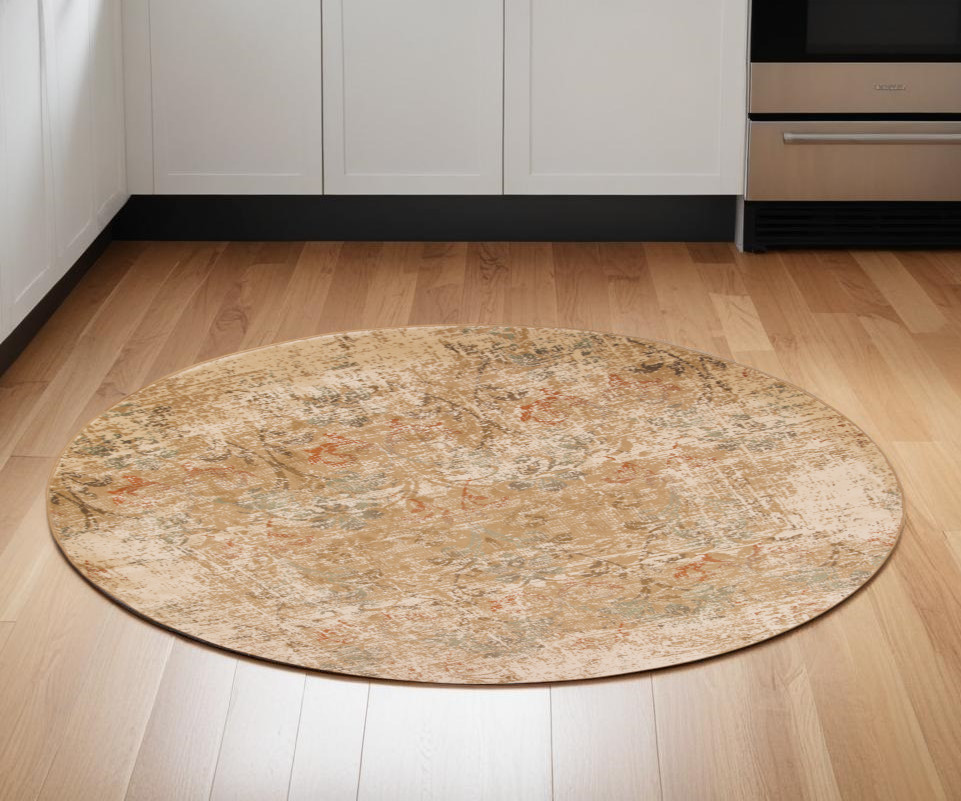 7" Round Champagne Abstract Indoor Area Rug