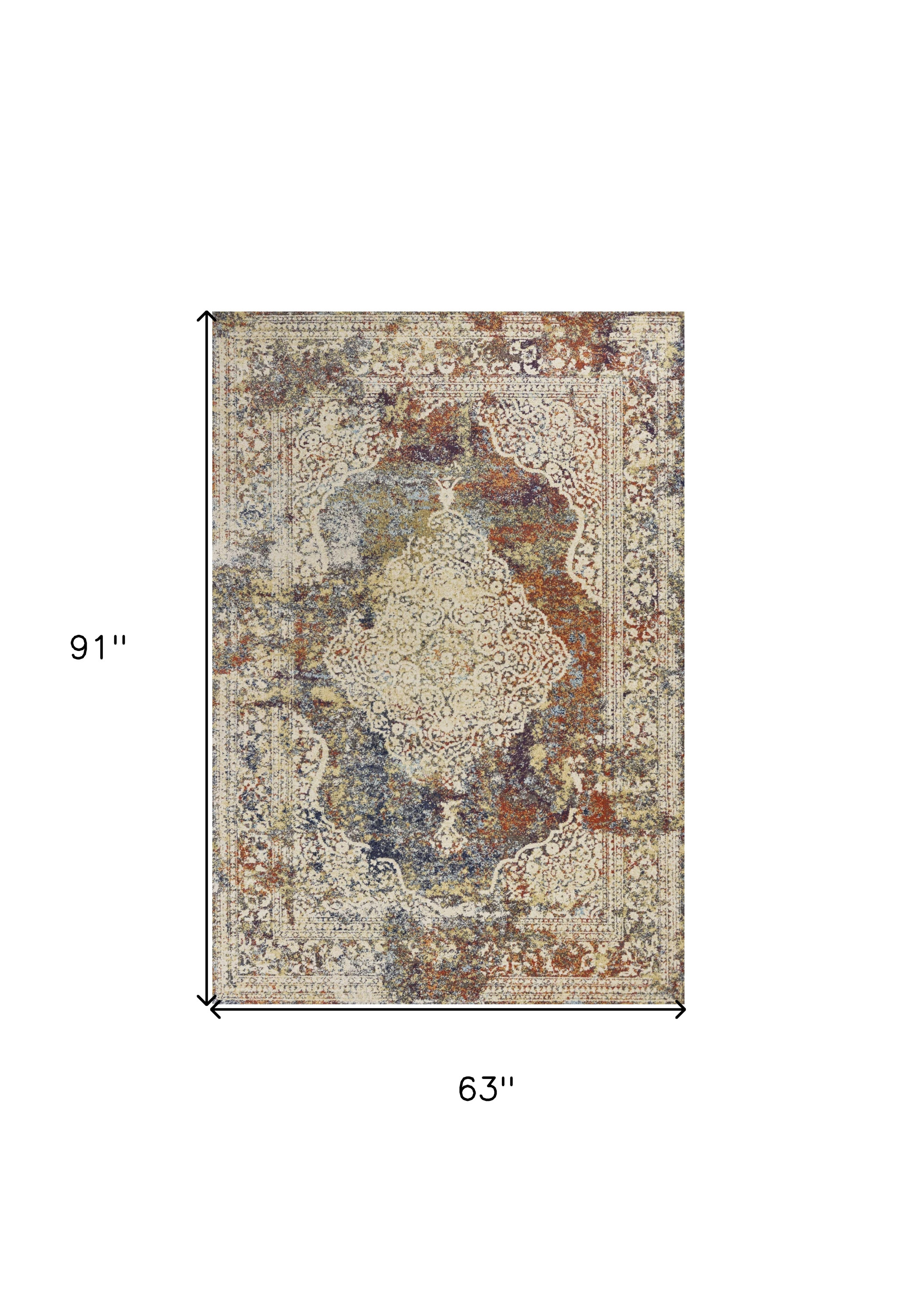 5" X 8" Ivory Navy and Orange Medallion Area Rug