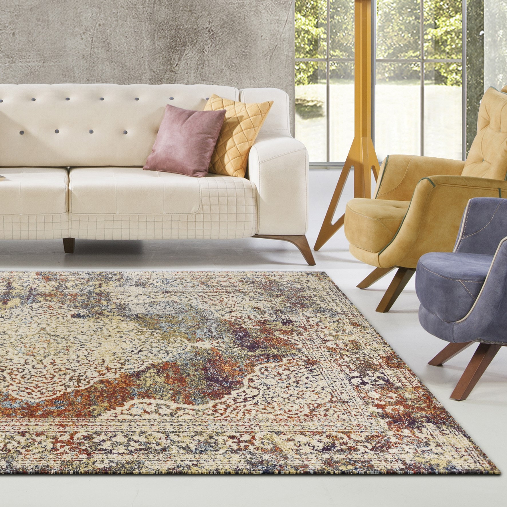 5" X 8" Ivory Navy and Orange Medallion Area Rug