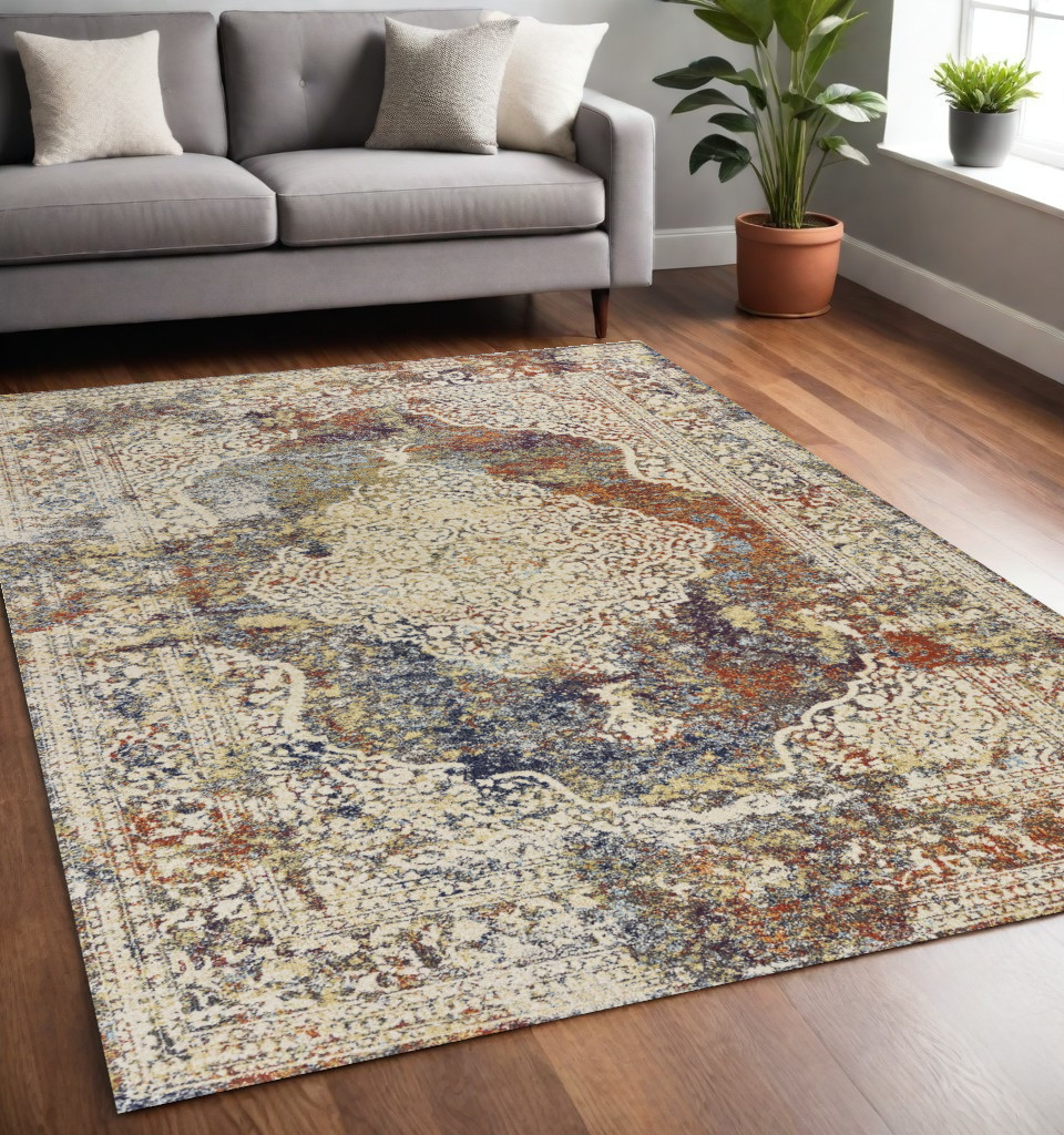 5" X 8" Ivory Navy and Orange Medallion Area Rug