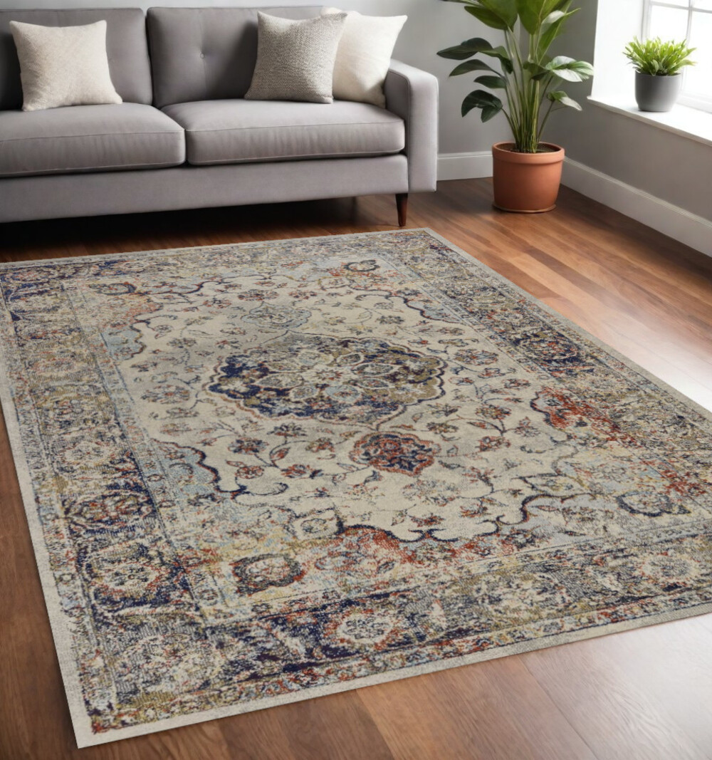 5' X 8' Ivory Floral Medallion Area Rug-352579-1