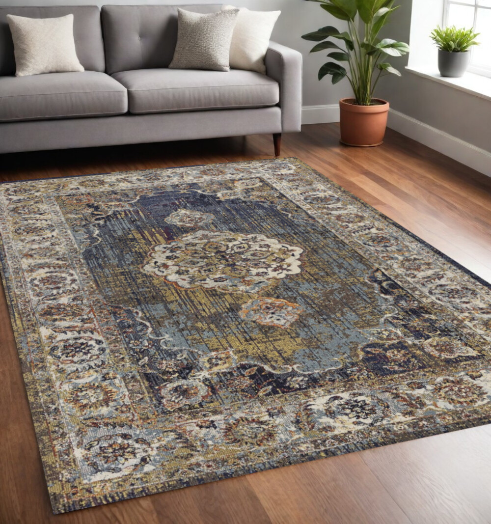 5' X 8' Navy Gold and Ivory Floral Medallion Area Rug-352580-1