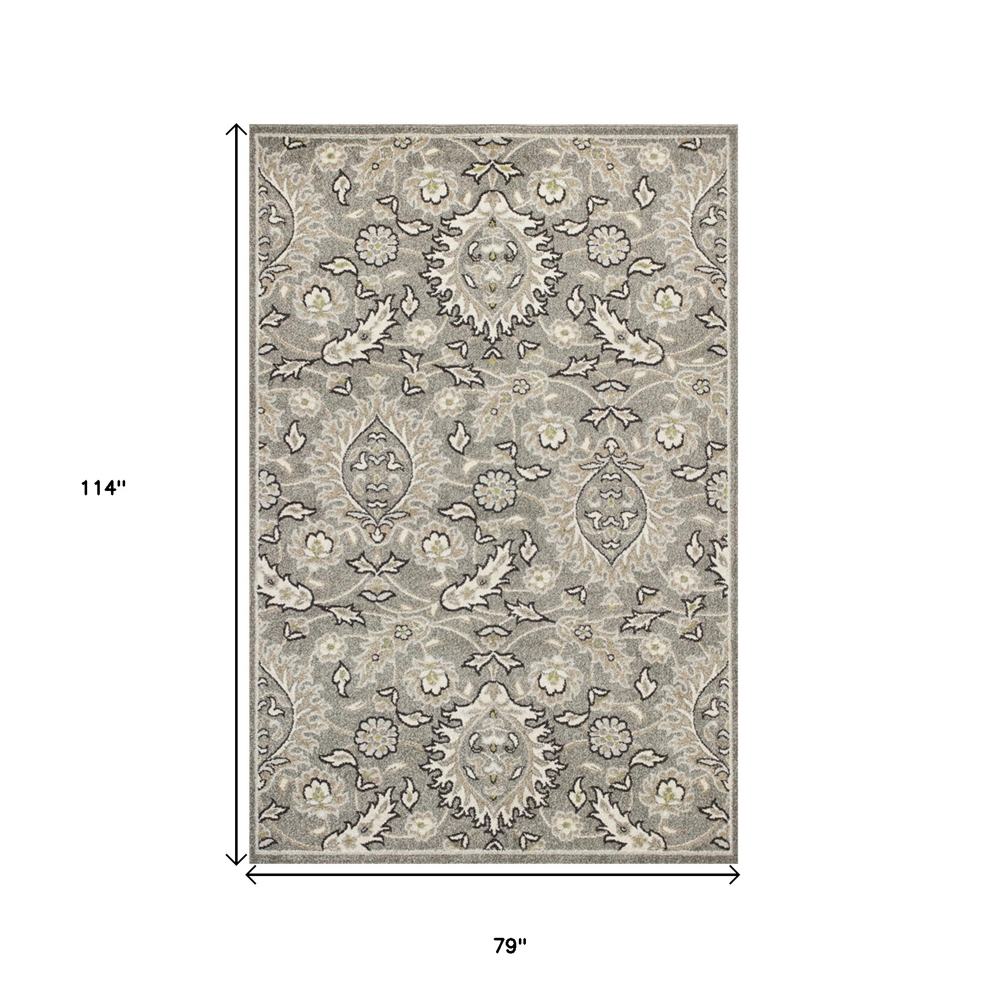 7" X 9" Gray and Ivory Floral Vines Area Rug With UV Protection